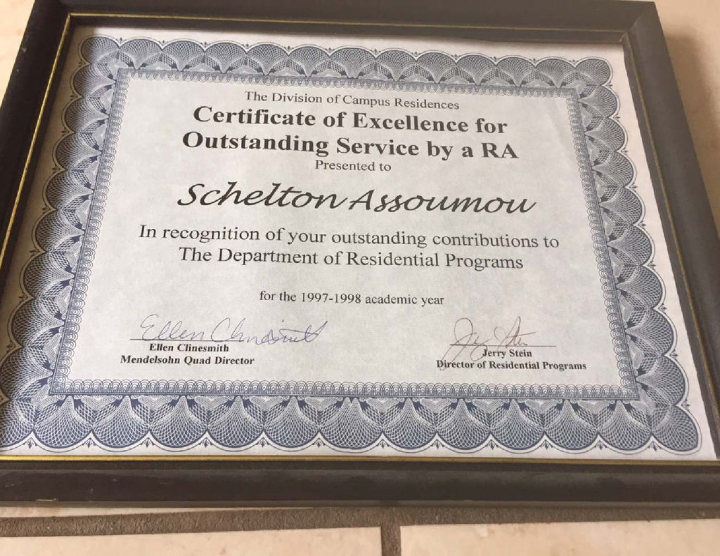 Schelton Assoumou certificate of excellence for outstanding service by a RA