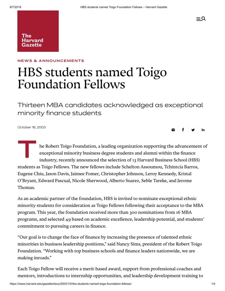 HBS Toigo Foundation Fellow 2003