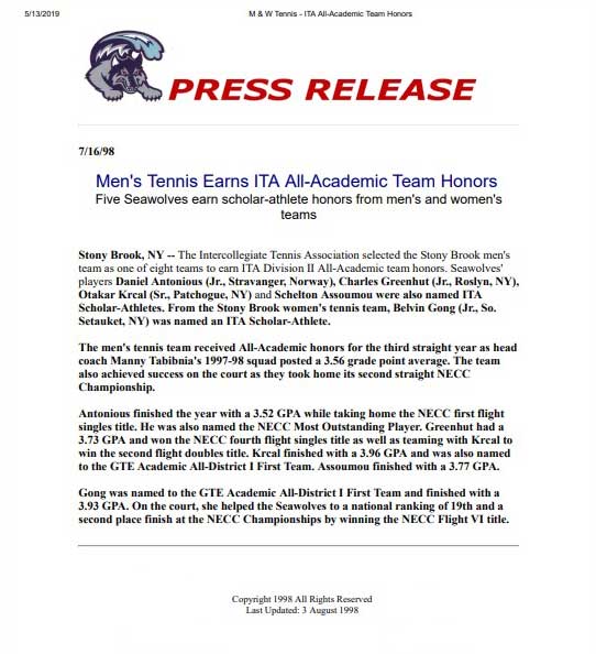 Men's Tennis Earns ITA